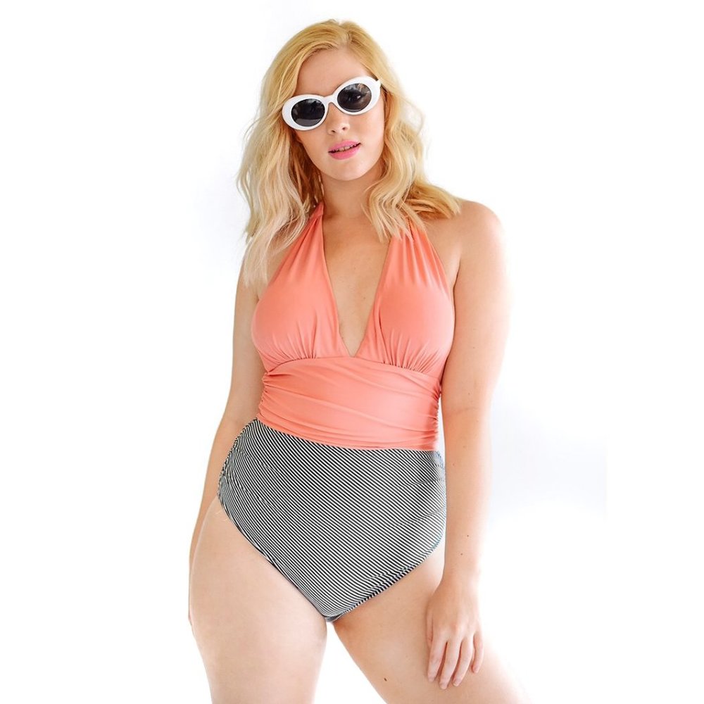 Cupshe Pink & Black and White Striped Swimsuit L